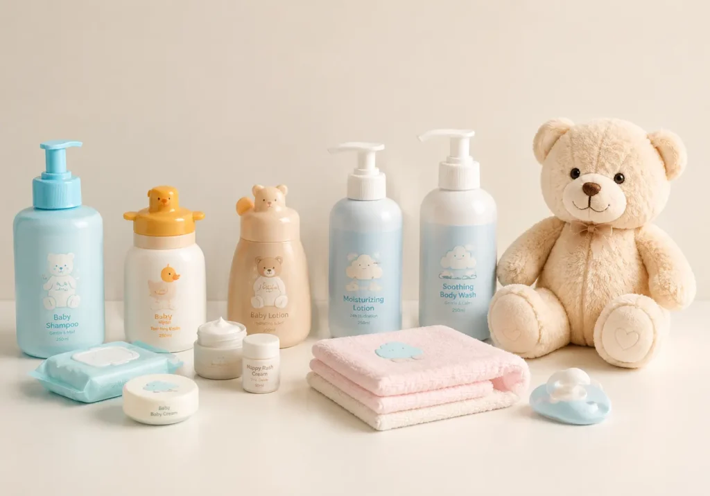Baby care products with a teddy bear