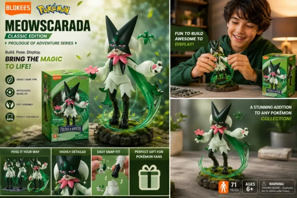 Blokees Pokémon Meowscarada Classic Edition Figure | Prologue of Adventure Series | Magician Pokémon Collectible Model Kit | Articulated Grass/Dark Type Display Toy